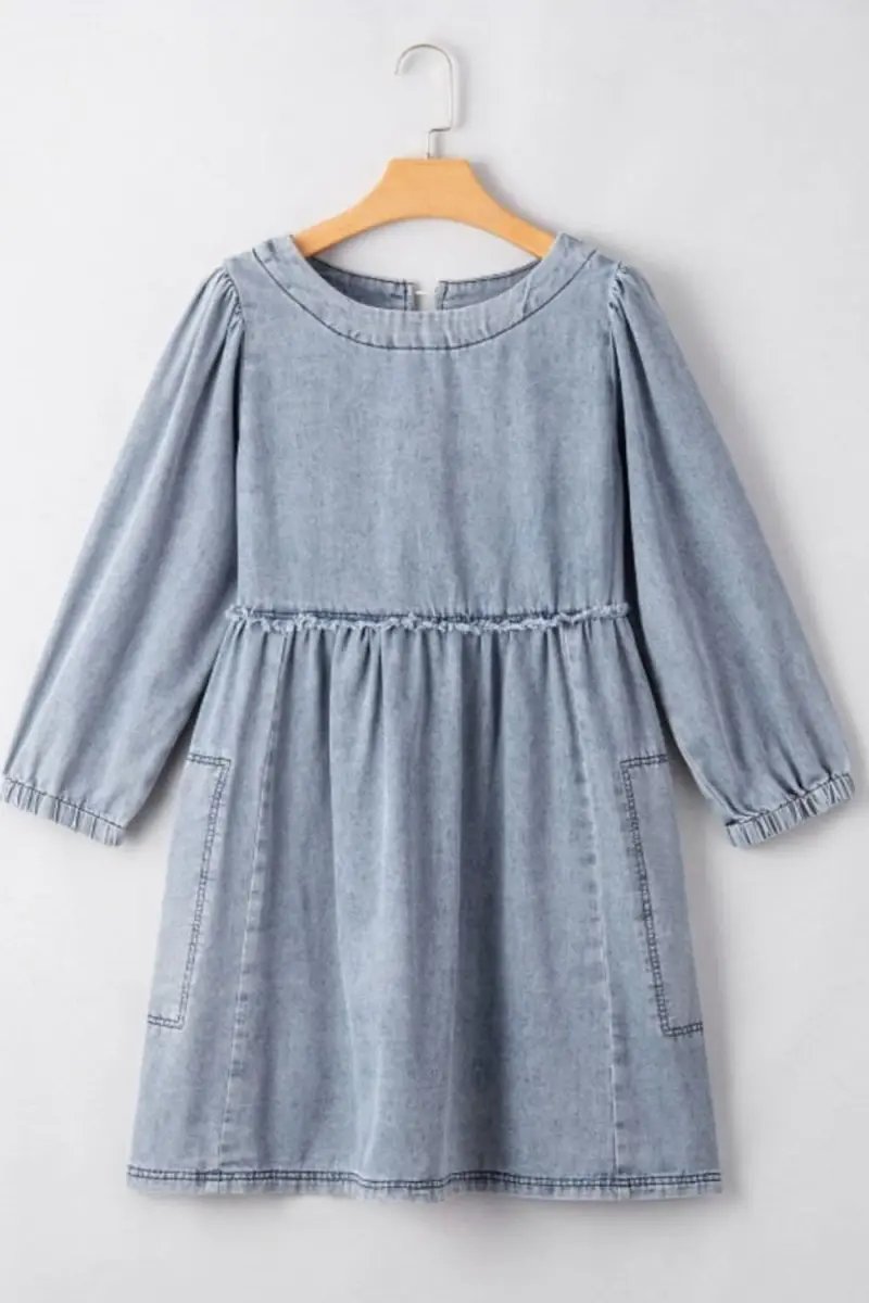 Cutout Round Neck Balloon Sleeve Denim Dress - Love Salve